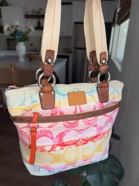 Y2K Coach Hampton Multicolor Watercolor Signature Small Tote Shoulder Bag #11755